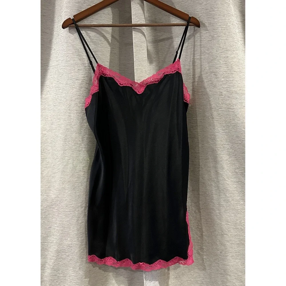 Y2K Vintage Sexy Victoria's‎ Secret Black With Pink Lace Slip Dress Size Large